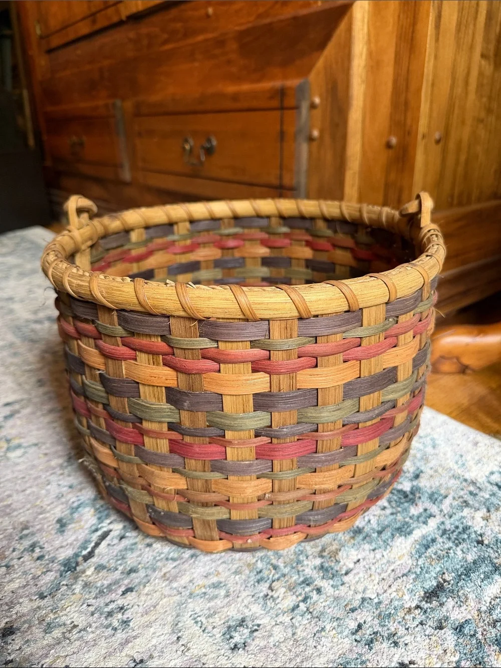 Vtg Handwoven Multicolor Storage Basket - Rustic Home Accent